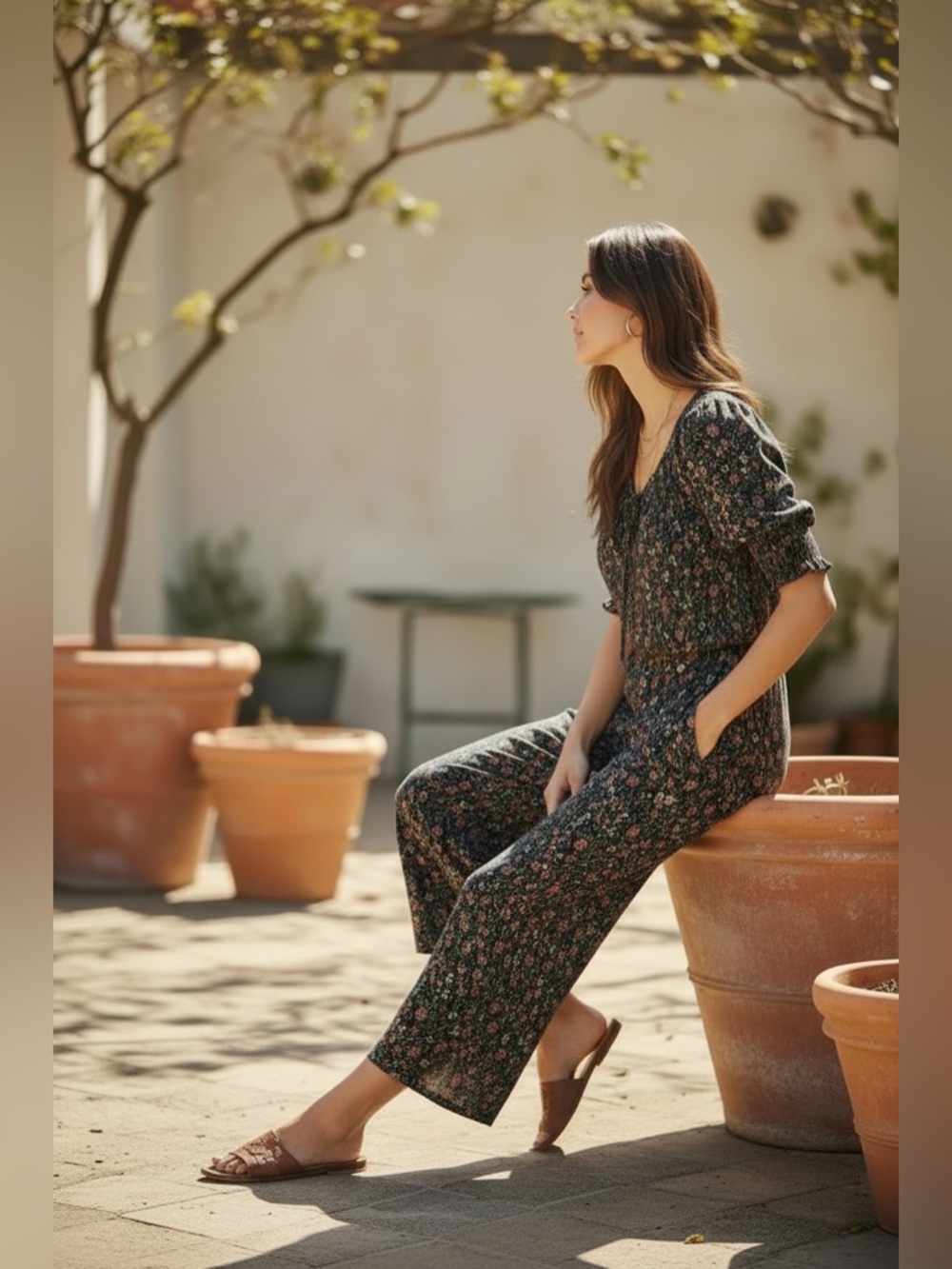 Lost + Wander Navy Floral Romper Full Length Sz Small